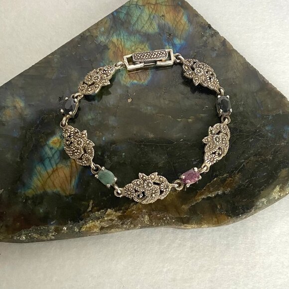 Sterling Silver 925 Multi Gemstone Marcasite Floral Link Bracelet 7.25" - Picture 6 of 16